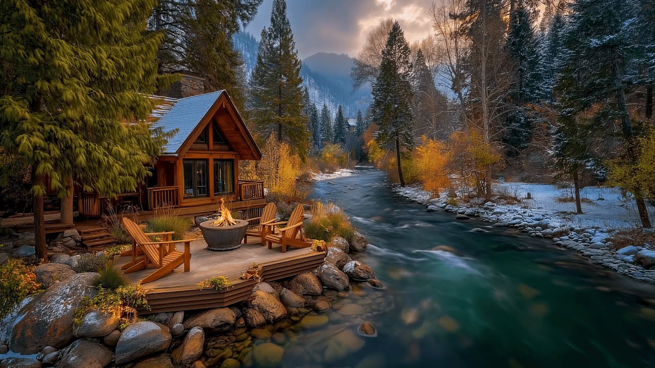 Pure Winter Tranquility ❄️ | Riverside Cabin Porch, Soft Birds & Fire Glow 🔥