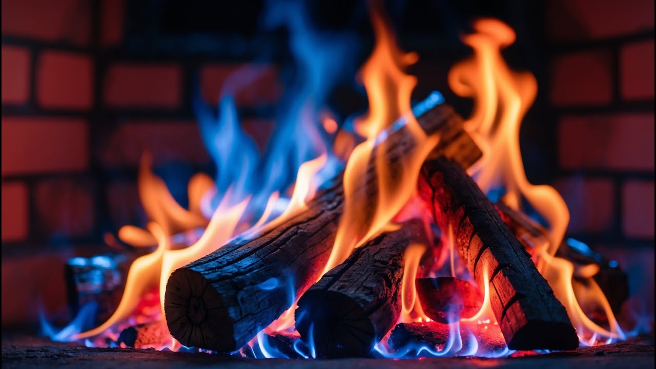 Relaxation & Cozy Warmth – 12H Blue Flame Fireplace with Layered Logs, Ember Glow, Night Crackles
