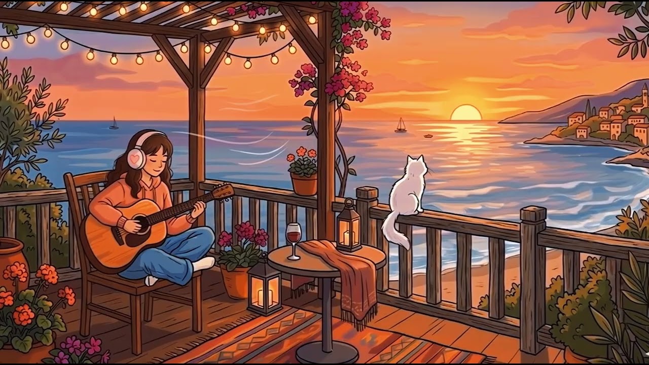 Cozy Sunset by the Sea 🌅 Relaxing Guitar Music with Ocean Waves