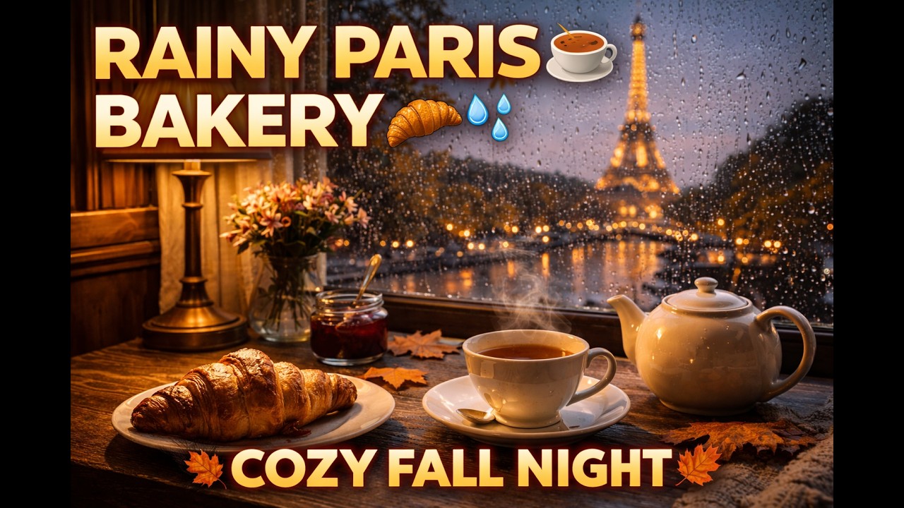 Rainy Paris Bakery Ambience 🥐☕ Cozy Fall Night with Eiffel Tower View