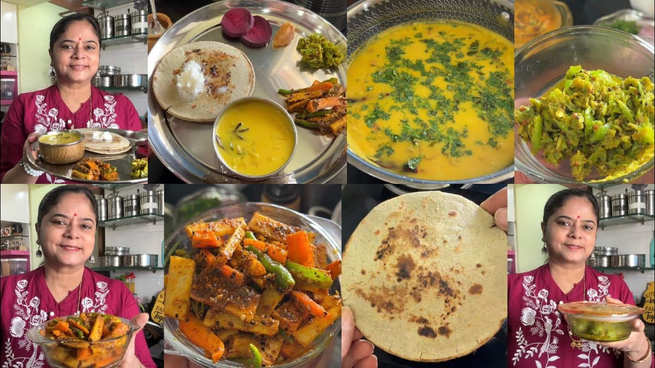 bina धूप instant +lunch thali🍱 gajar muli ka achar🌺 pyaz ki kadhi🌺 mirchi ka koota🌺 bajre ki roti