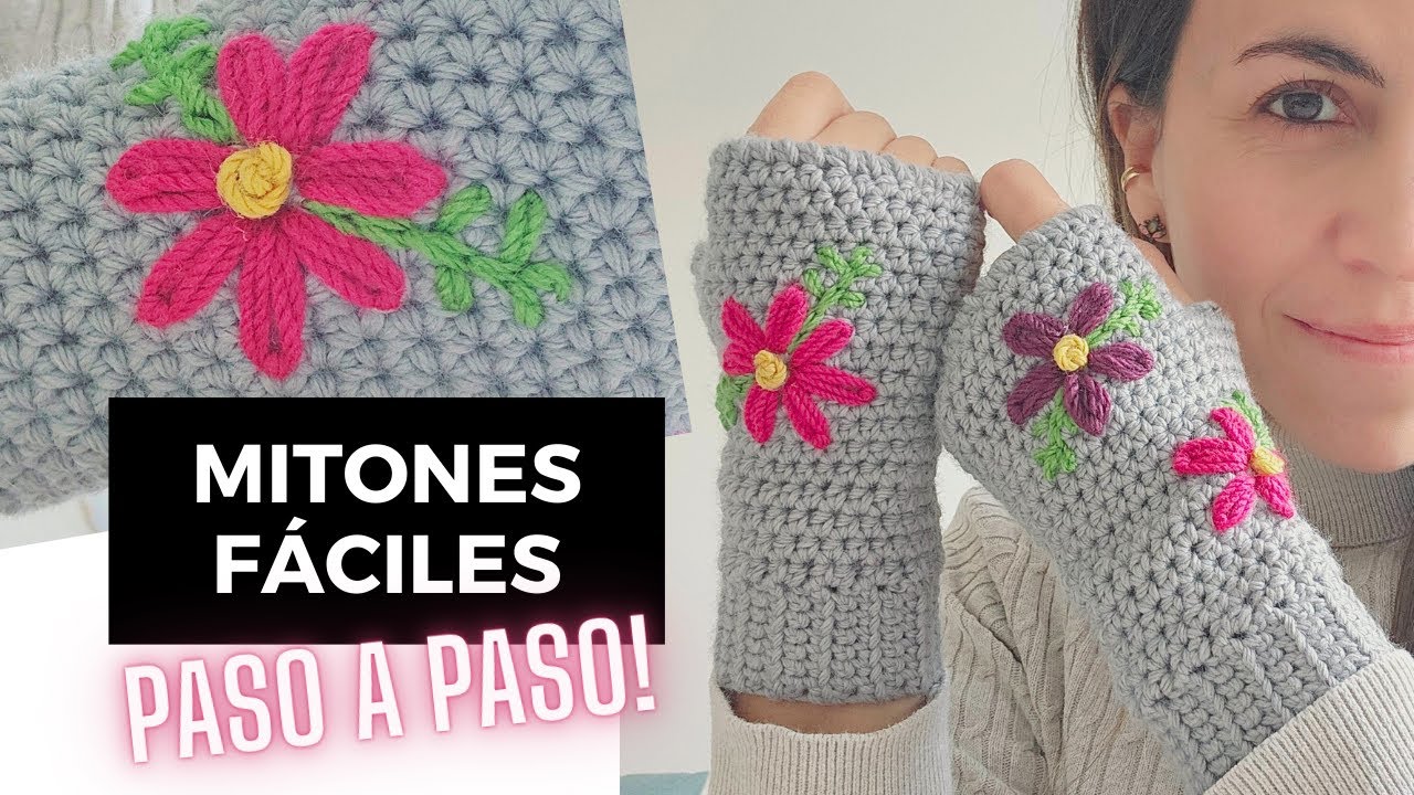 Cómo Tejer Guantes Sin Dedos con Flores Bordadas | Mitones a Crochet para Todas las Tallas