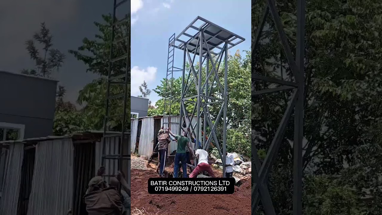 Installation of a steel water tower.