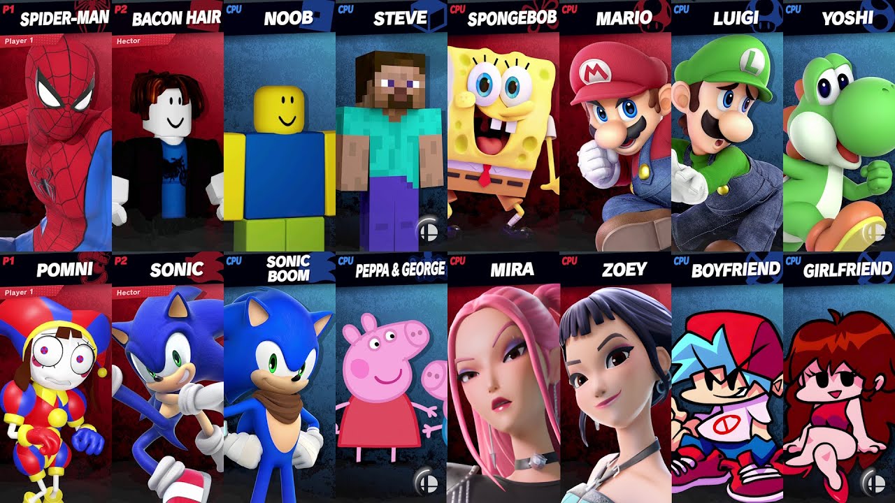 Sonic vs Peppa vs Mario vs Spider-Man vs SpongeBob vs Roblox vs Minecraft vs Fortnite | Super Smash