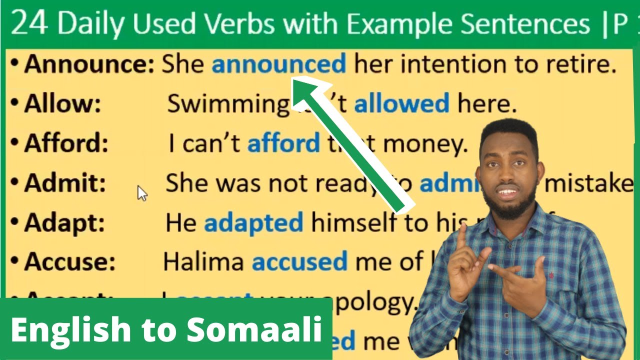 24 Daily Verbs Used With Example Sentences | English to Somaali | Part 1
