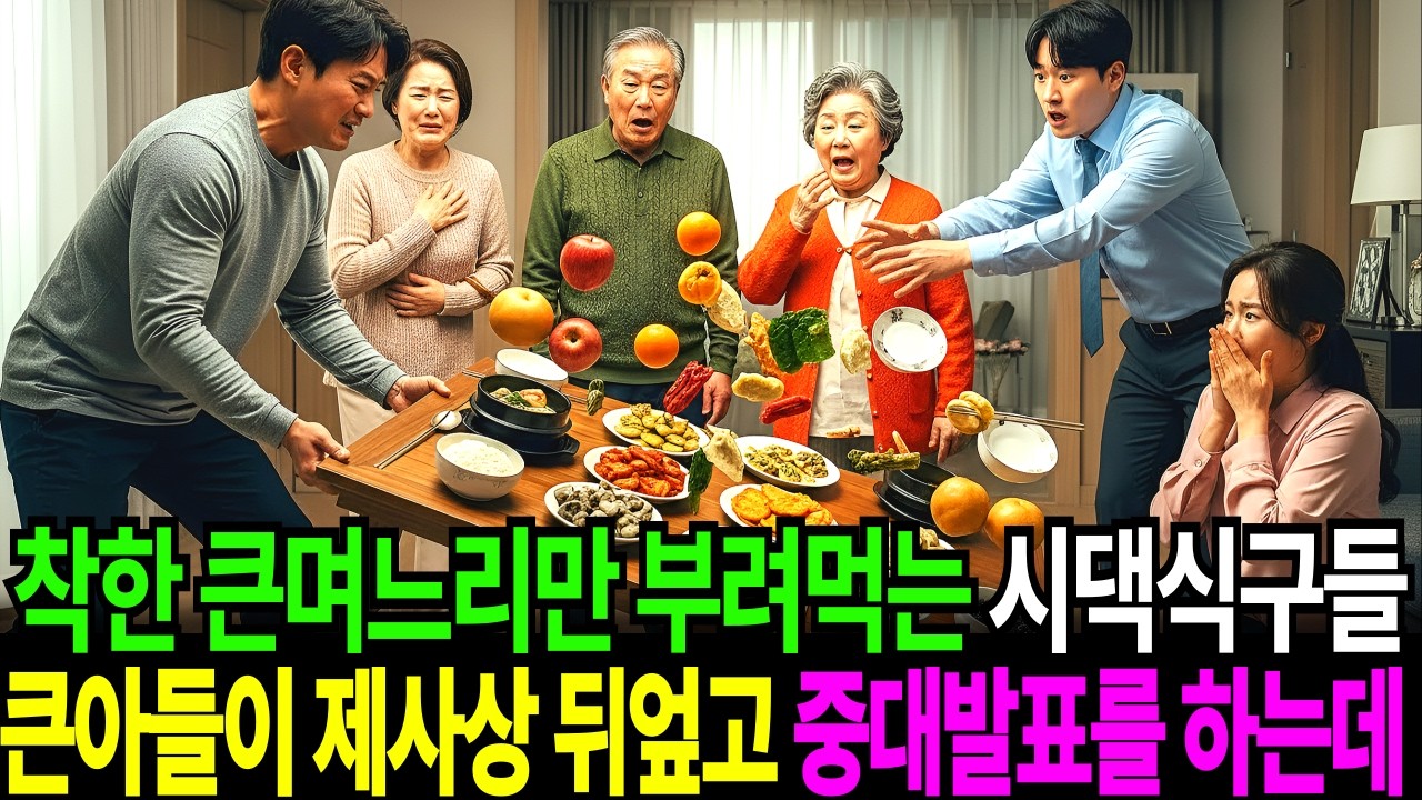 큰며니리만 종처럼 부려먹는 시댁식구들을 보고 제사날 큰아들이 제사상을 뒤엎으며 중대발표를 하는데..