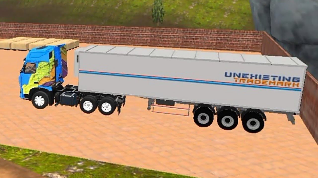 Truk simulator truk trailer pembawa konteiner meluncur kencang melewati jalan raya yang mulus