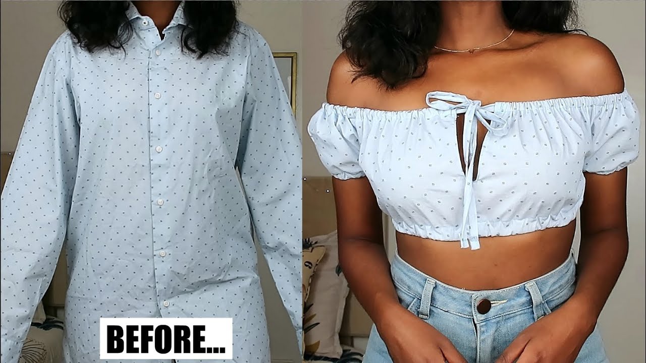 DIY Off Shoulder Keyhole Crop Top | Men's Shirt Refashion
