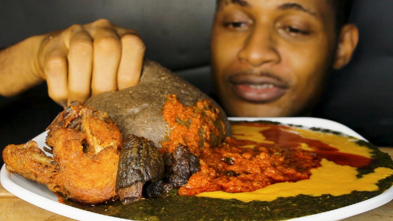 ASMR Mukbang Amala (Dark Fufu) with Ewedu & Beans Soup | Chicken & Goat Meat | Eating Sounds