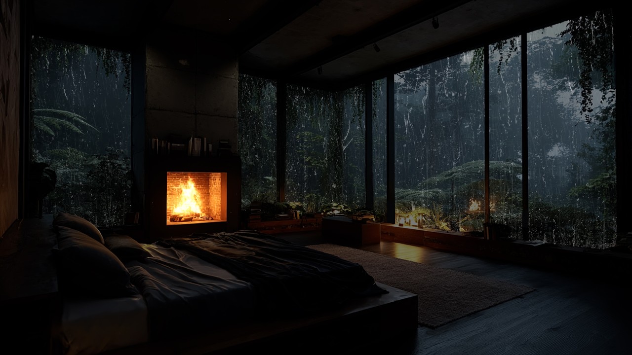 Healing Night with Rain and Fireplace 🌧️ | Cozy Bedroom for Deep Restful Sleep