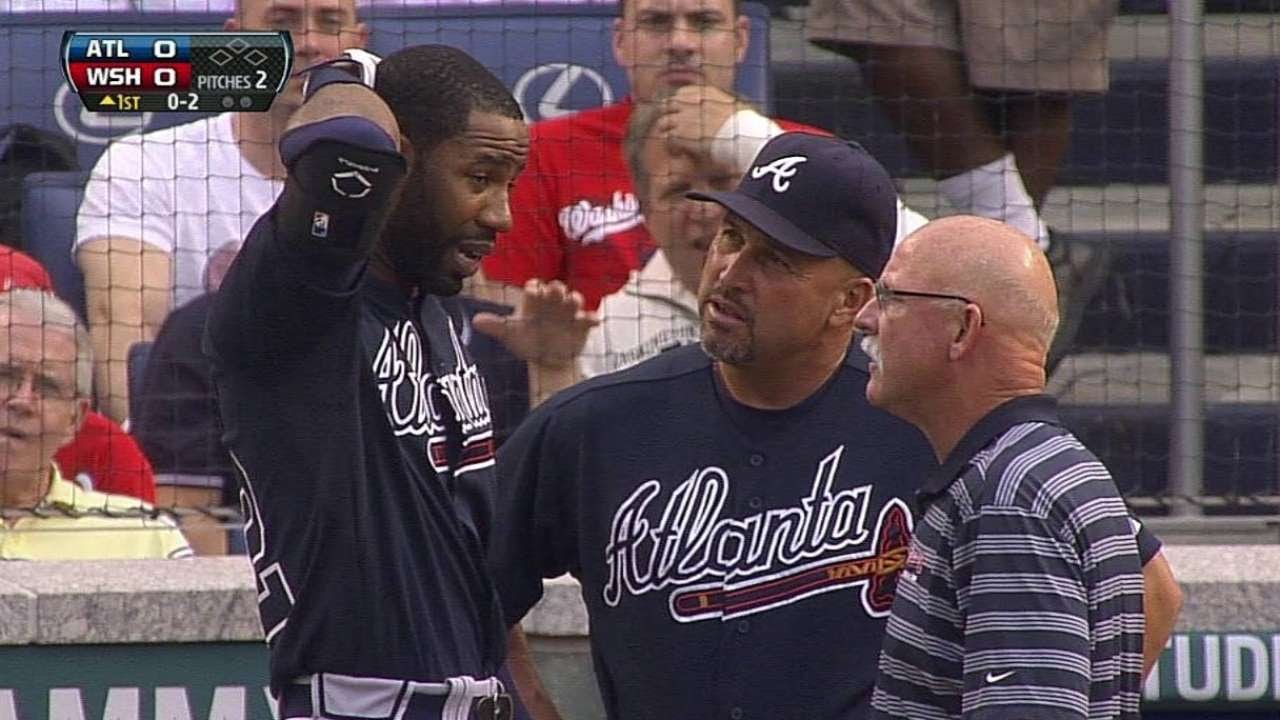 ATL@WSH: Heyward exits with injury after first at-bat