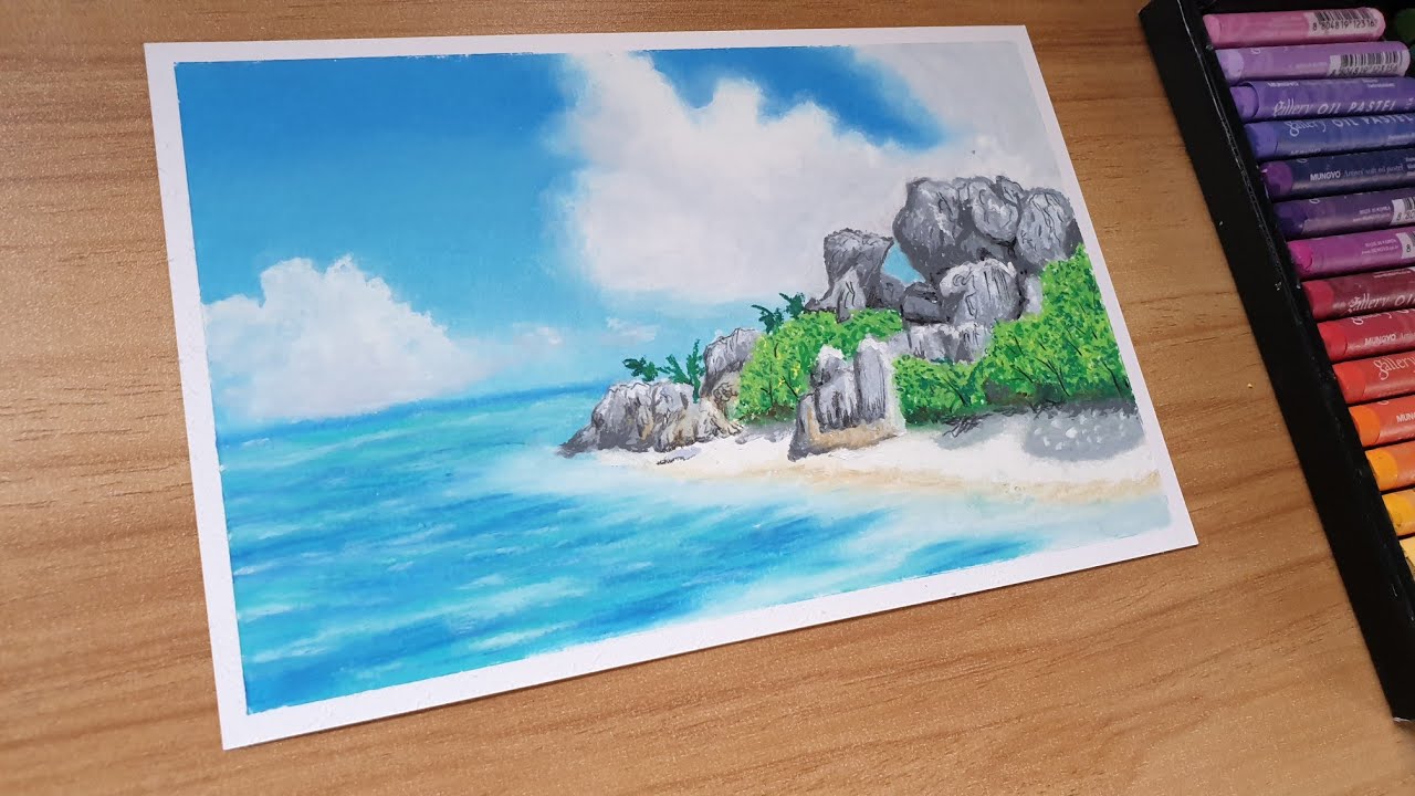 Oil Pastel Drawing for Beginners step by step | Rocks on the Seaside