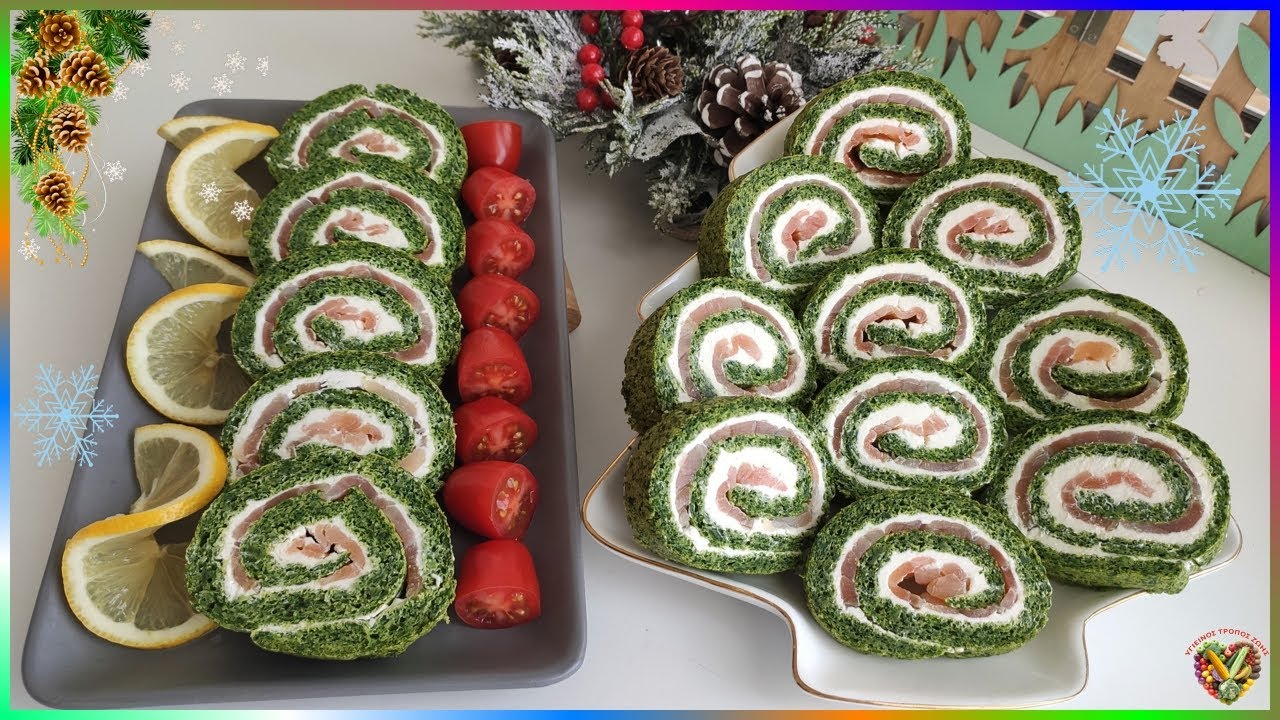 Рождественская закуска – рулет из шпината со сливочным сыром и лососем