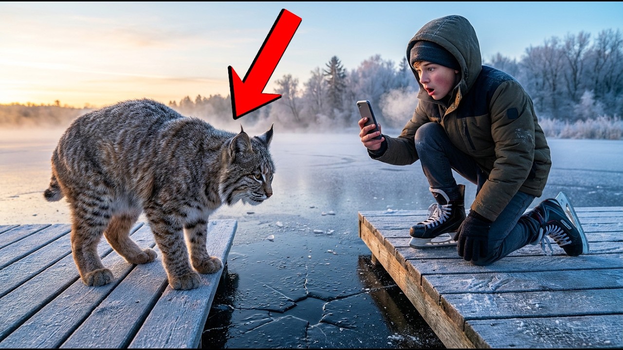 Bobcat Stood on the Frozen Pond Dock—Until the Skater Heard Tapping Under the Ice…