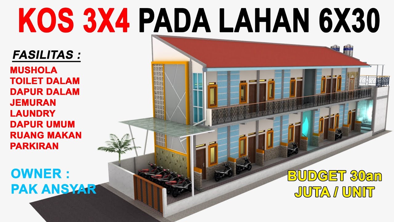 DESAIN KOS KOSAN 3X4 PADA LAHAN 6X30 METER || Ada Mushola, Toilet Dalam, Laundry & Jemuran