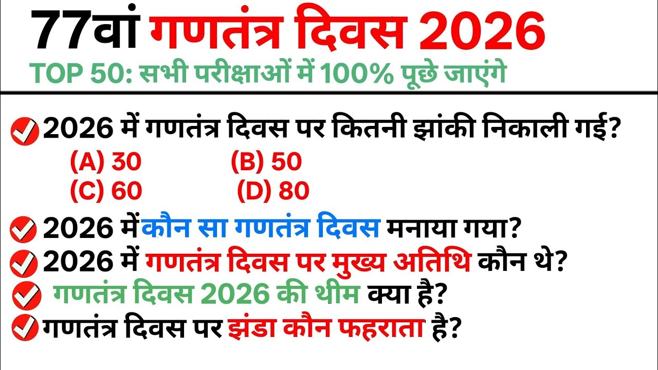 TOP 50:गणतंत्र दिवस 2026|Republic Day 2026  Important Questions & Answer in Hindi|Modi Speech 2026
