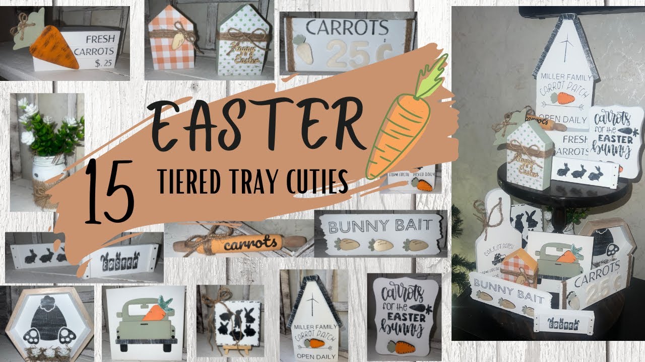 EASTER TIERED TRAY CUTIES | CARROT THEMED TIERED TRAY DIYS | CRICUT DIYS | DOLLAR TREE EASTER DIYS |