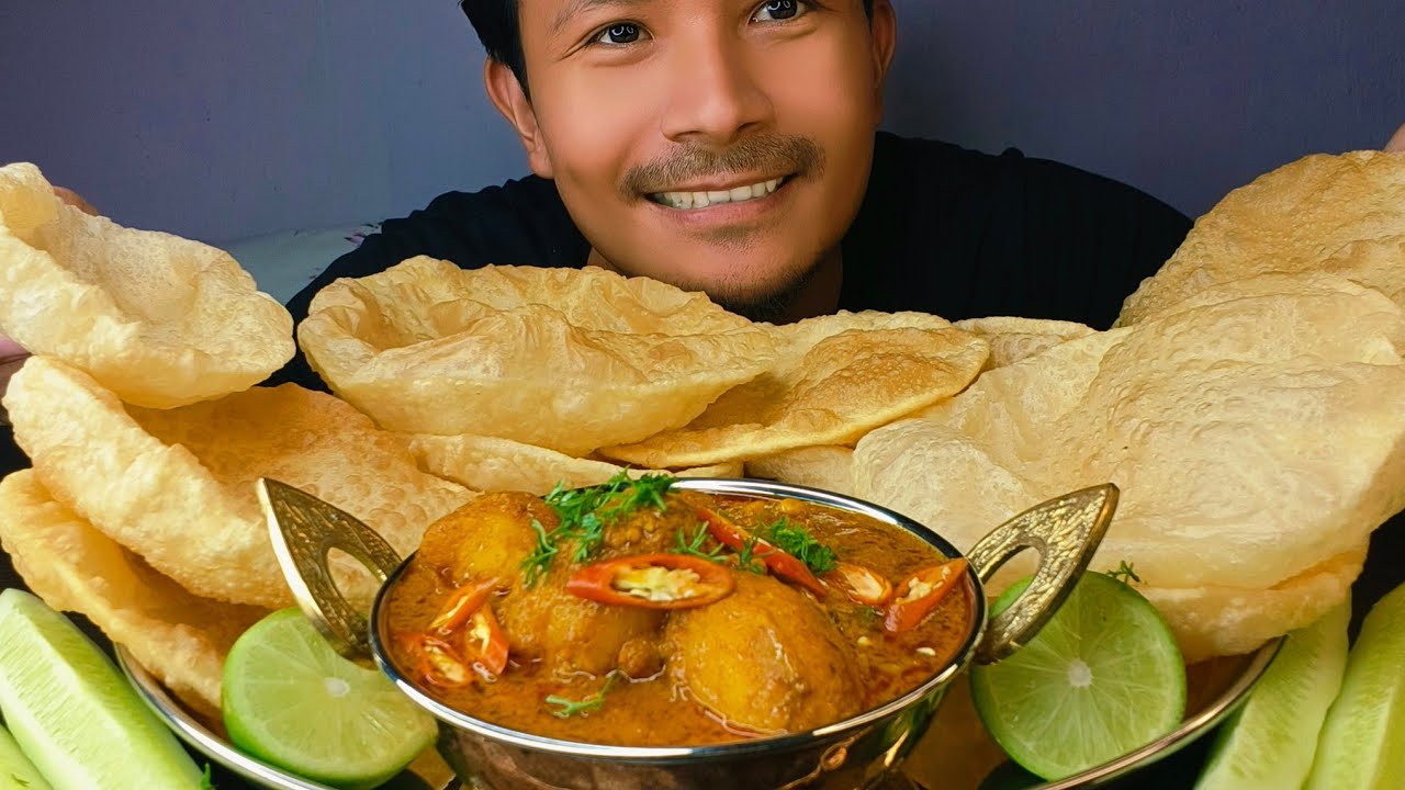 Eating PURI / LUCHI with Spicy Aloo Dum  | SALAD