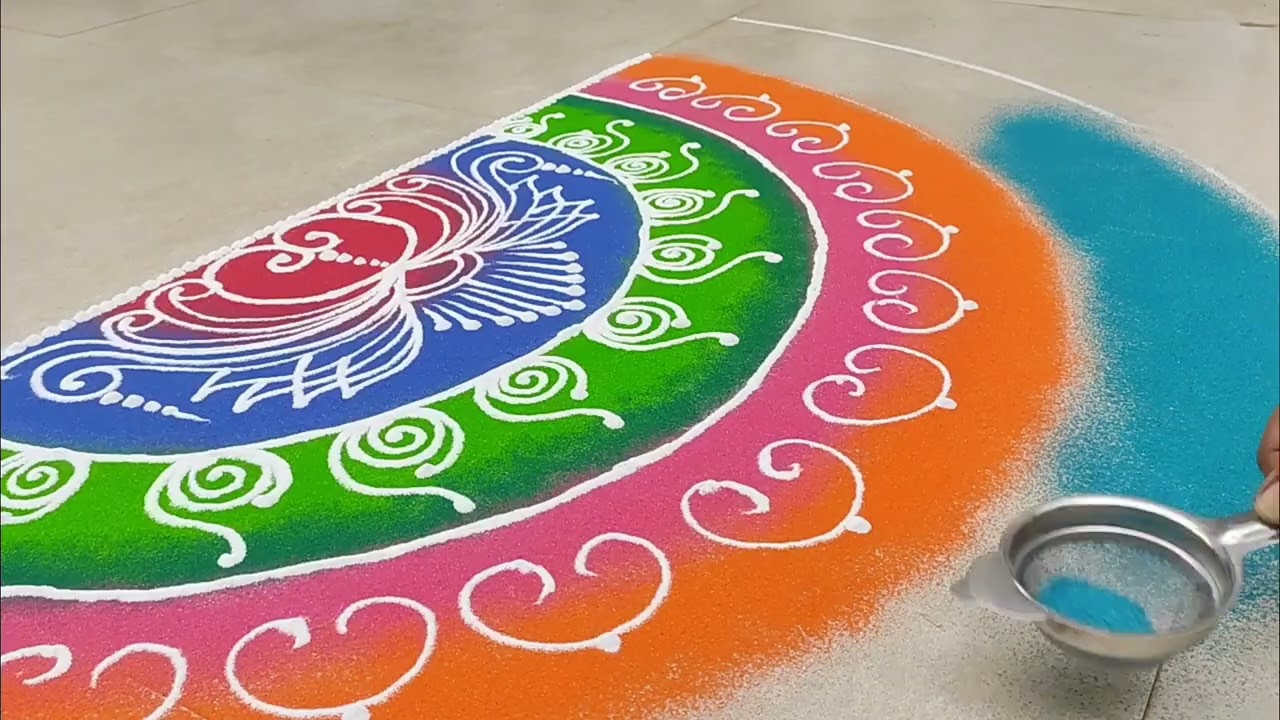 Grand Lotus Rangoli Design 🌸 | Colorful Semi-Circle Rangoli | Traditional Indian Art