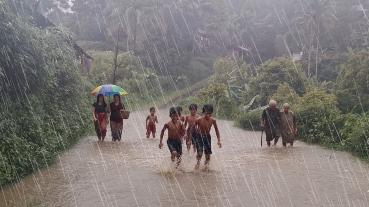 Heavy Rain Falls Over a Quiet Mountain Village — Walking Through a Stormy Countryside Day