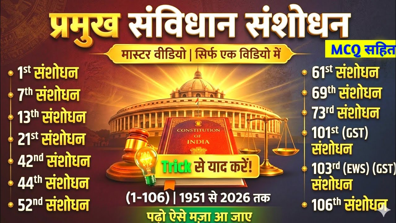 प्रमुख संविधान संशोधन 🔥 | 1–106 Amendment | Indian Constitution Amendments Trick + MCQ | SSC / UPSC 
