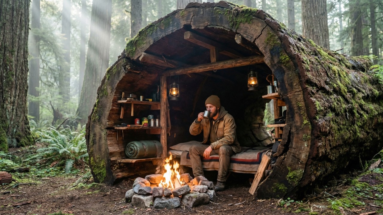 Cozy Forest Cabin in a Giant Log | Relaxing Campfire ASMR