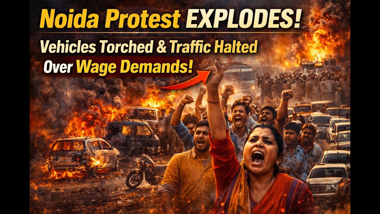 Noida Protest EXPLODES: Vehicles Torched & Traffic Halted Over Wage Demands!