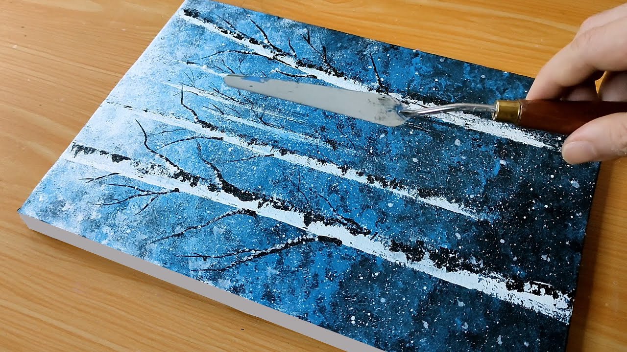 Winter Birch Trees Painting using Palette knife / Easy Painting for Beginners