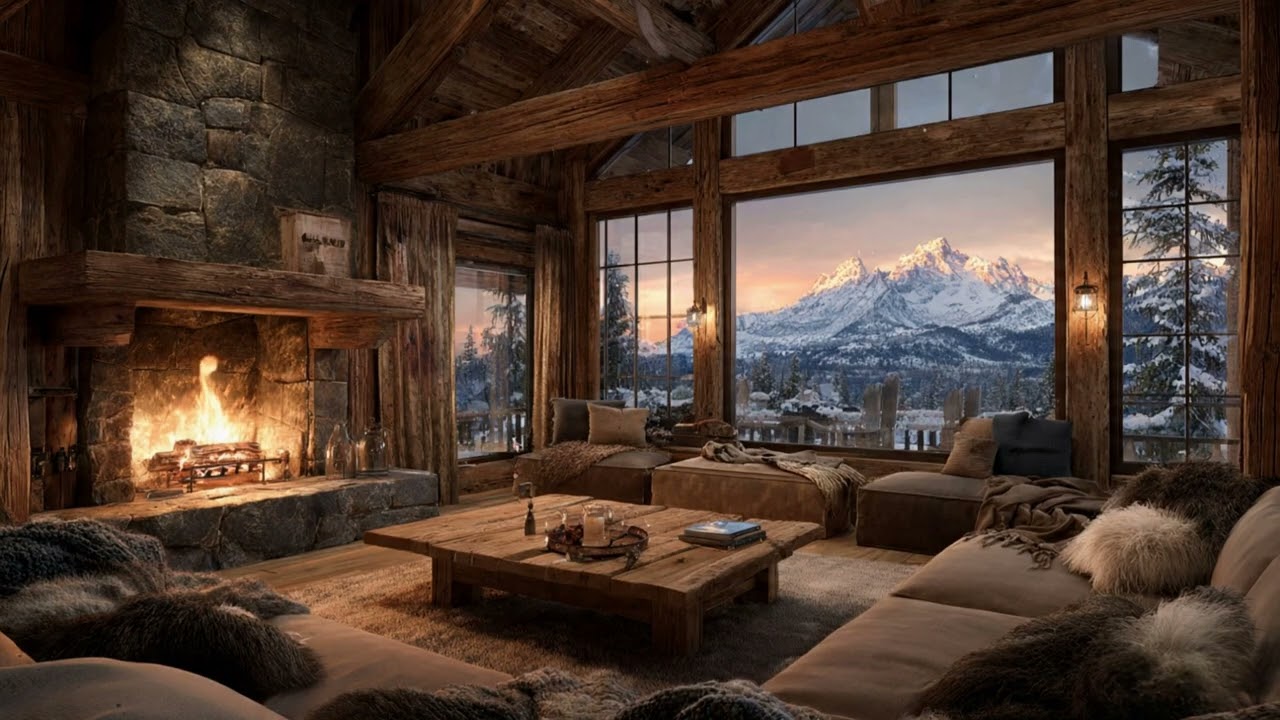 “Fireside Haven” 🔥 Cozy Mountain Cabin Ambience: Snowy Peaks at Sunset | 5 Hours 20 Minutes (1080p)