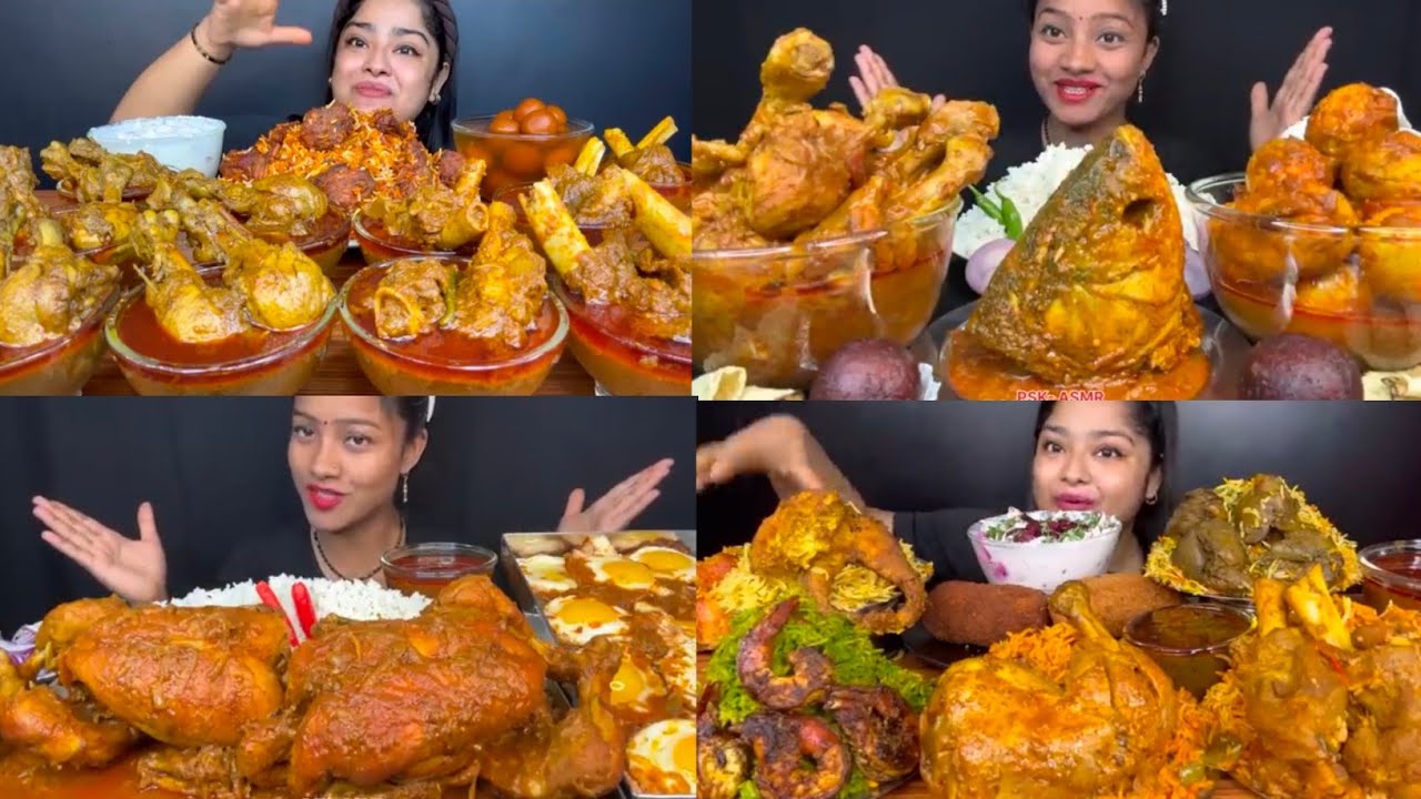 Asmr eating fish curry and hole chiken curry with spicy mutton curry #mukbang #eatingshow