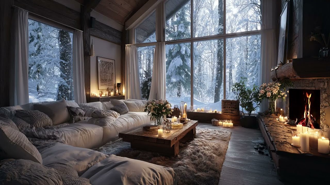 Relaxing Winter Heart: Peaceful Piano Music and Fireplace in a Snowy Forest Log Cabin