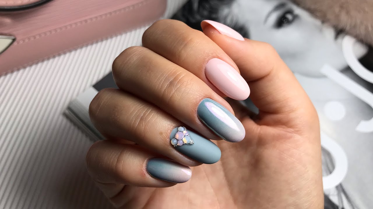 Refill unghie Sfumature con un pennello Applicazione Swarovski Polvere Aurora Градиент тонкой кистью