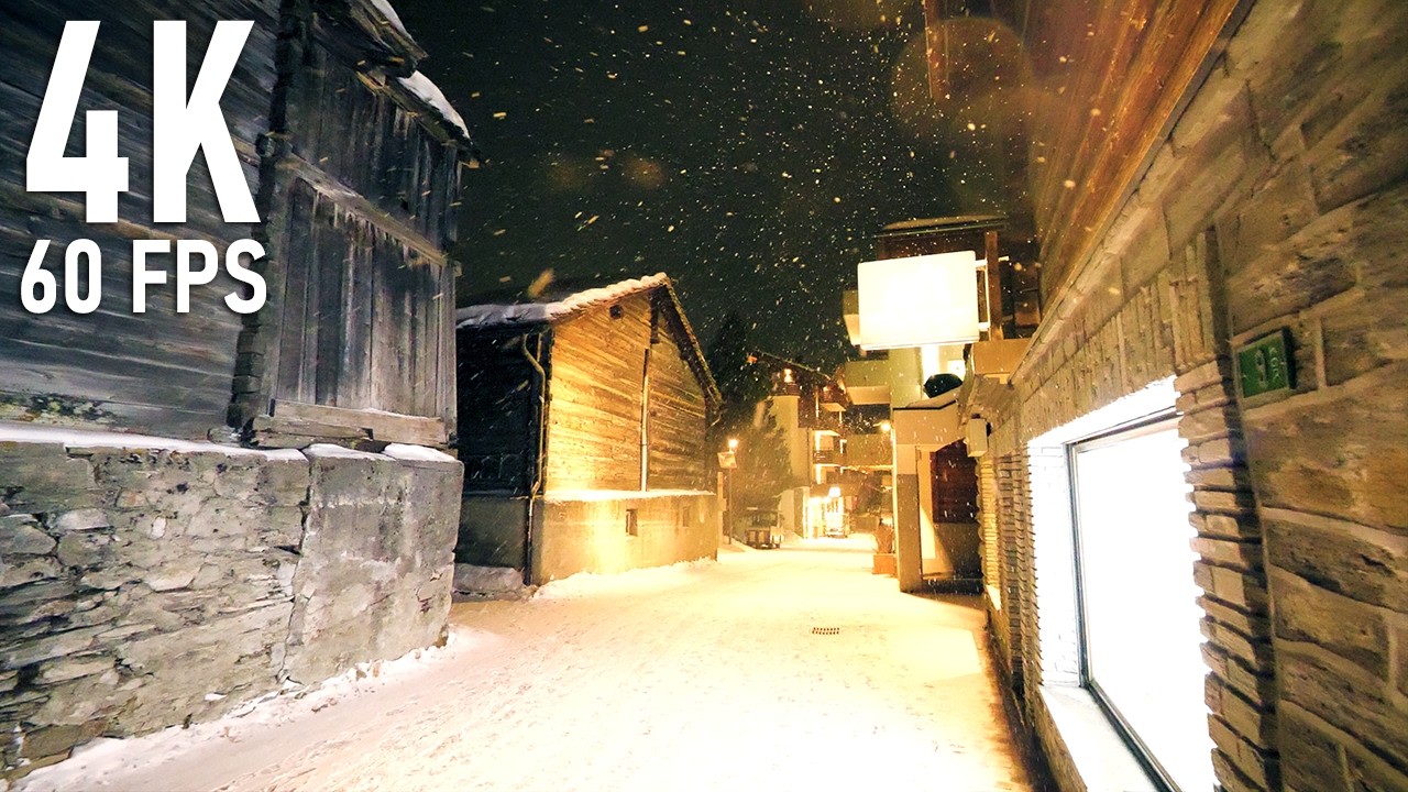 Saas-Fee After Dark: Ski Village Night Walk in Falling Snow | 4K 60fps