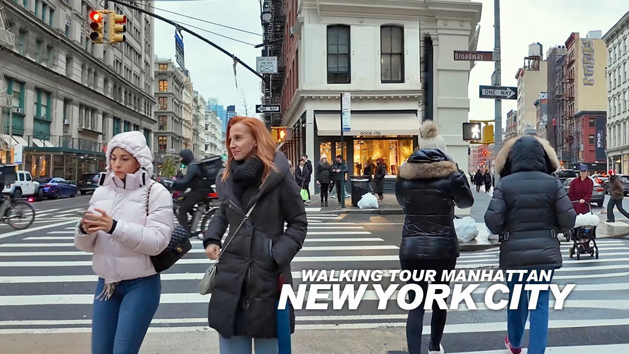 New York Manhattan Winter Walk, Broadway, Lafayette Street, 7th Avenue, 34th Street, Bryant Park, 4K