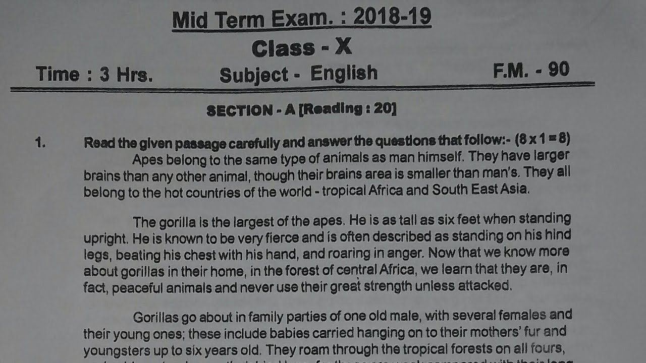 Class 10 English Mid-Term Exam Paper(2018-19) for Board Exam