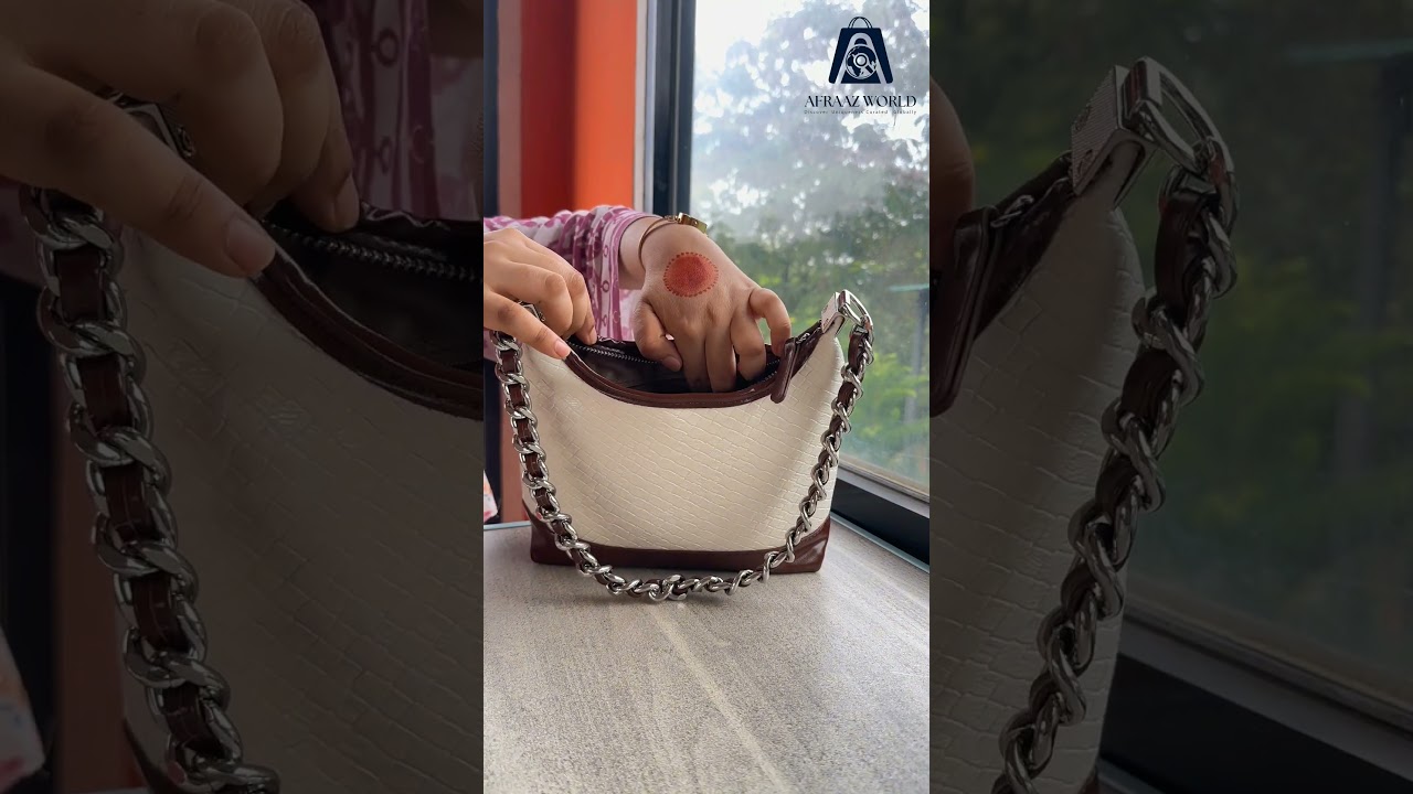 White & Brown Woven Leather Shoulder Bag with Silver Chain – Afraaz World