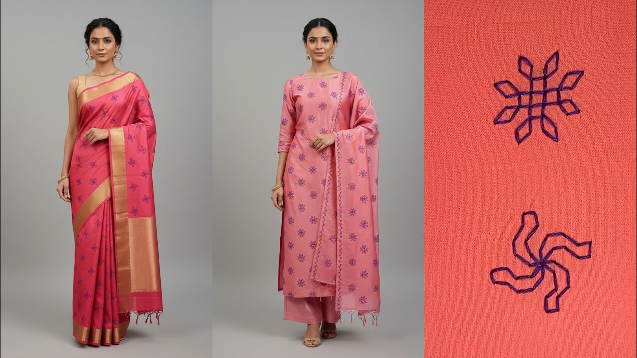 2 very easy DIY kasuti Butta Embroidery Tutorial:How to design in Your Own Silk Saree & V-Neck Kurti