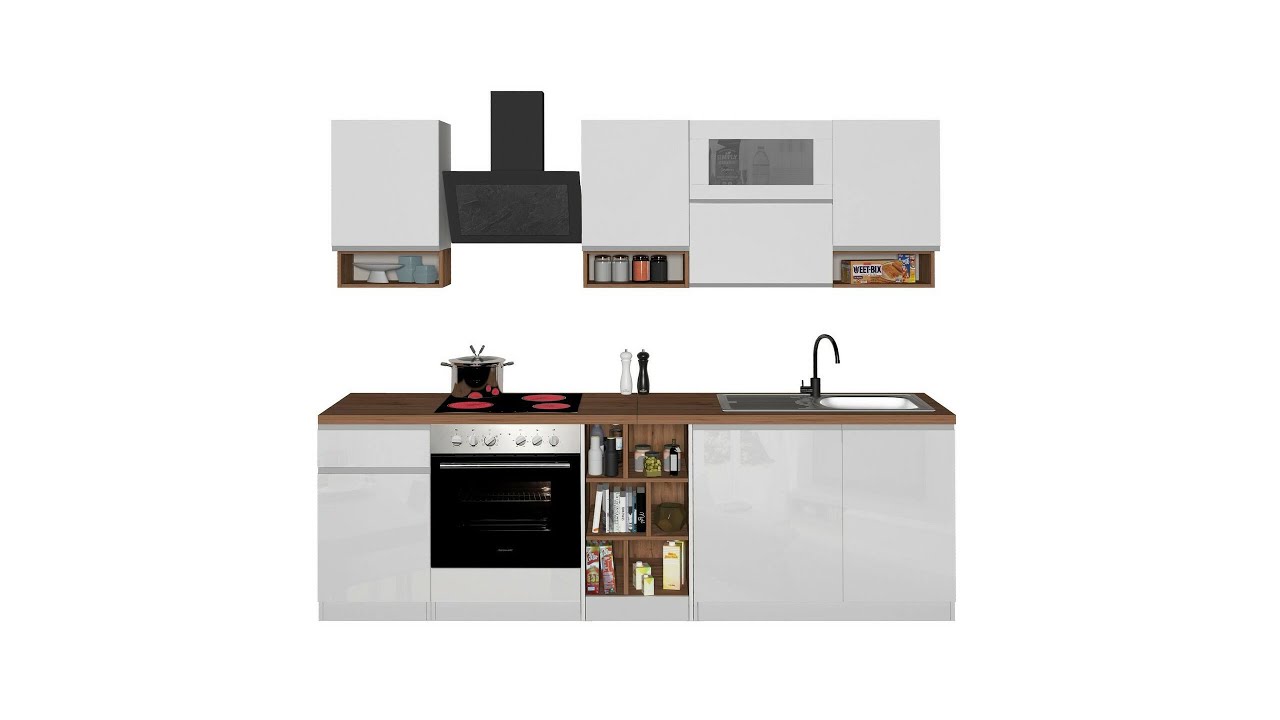 Cucina completa, pratica e salvaspazio, Parete da cucina 100% Made in Italy, 255x60h85 cm