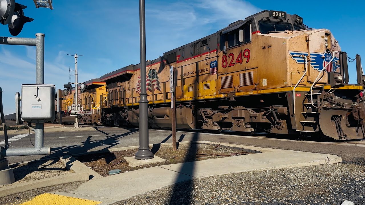 UP 8349 leads ballast train carrying a lot of dust in Florin CA