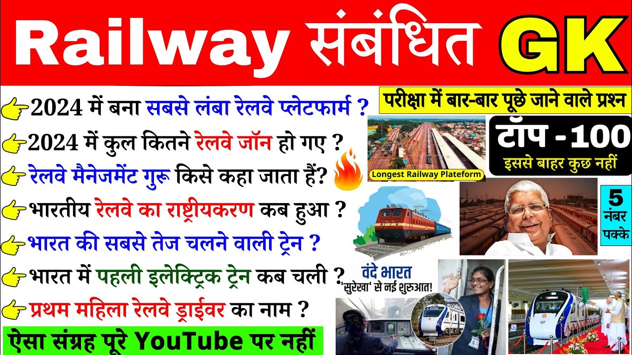 Railway Related GK | Important Questions | रेलवे से संबंधित सभी महत्‍वपूर्ण प्रश्‍न, Current Affairs
