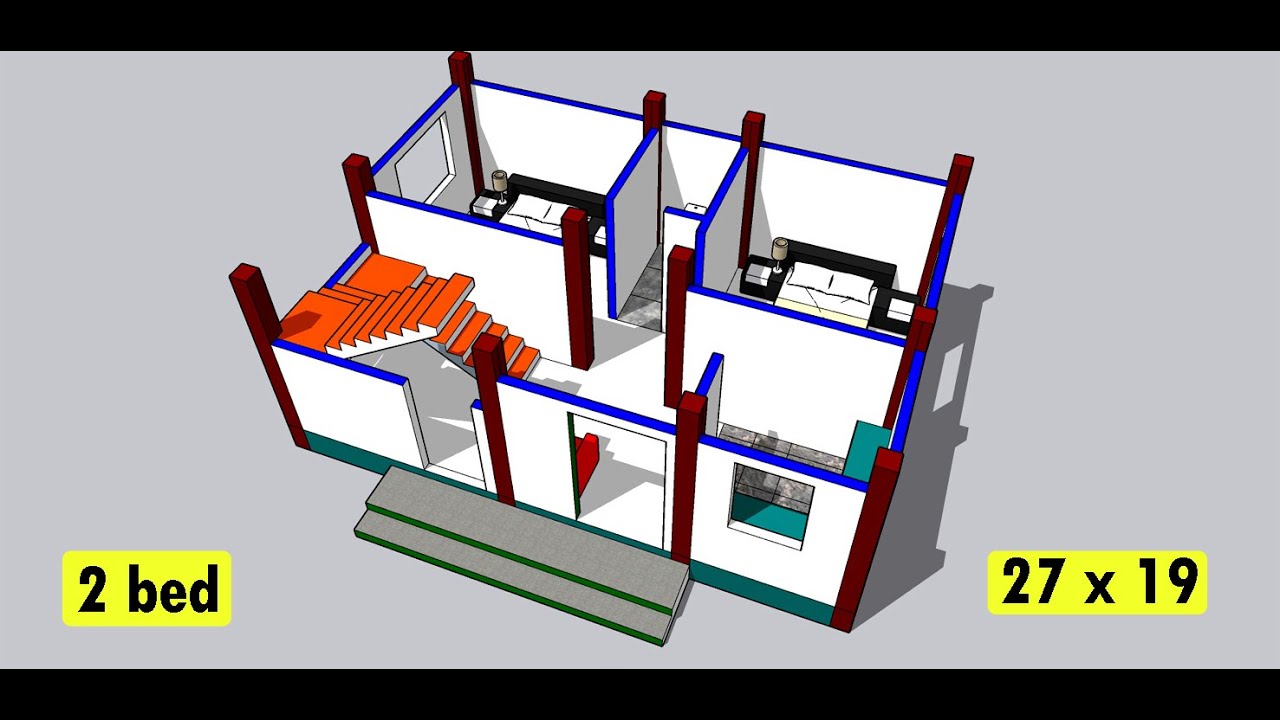 27 by 19 small house plan II 513 sqft ghar ka design II 2 bhk 3d floor plan