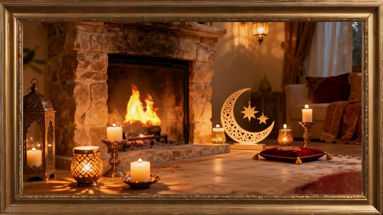 Ramadan Fireplace Ambience & Candle GlowGold framed Vintage art screensaver. 4k TV Painting wall art