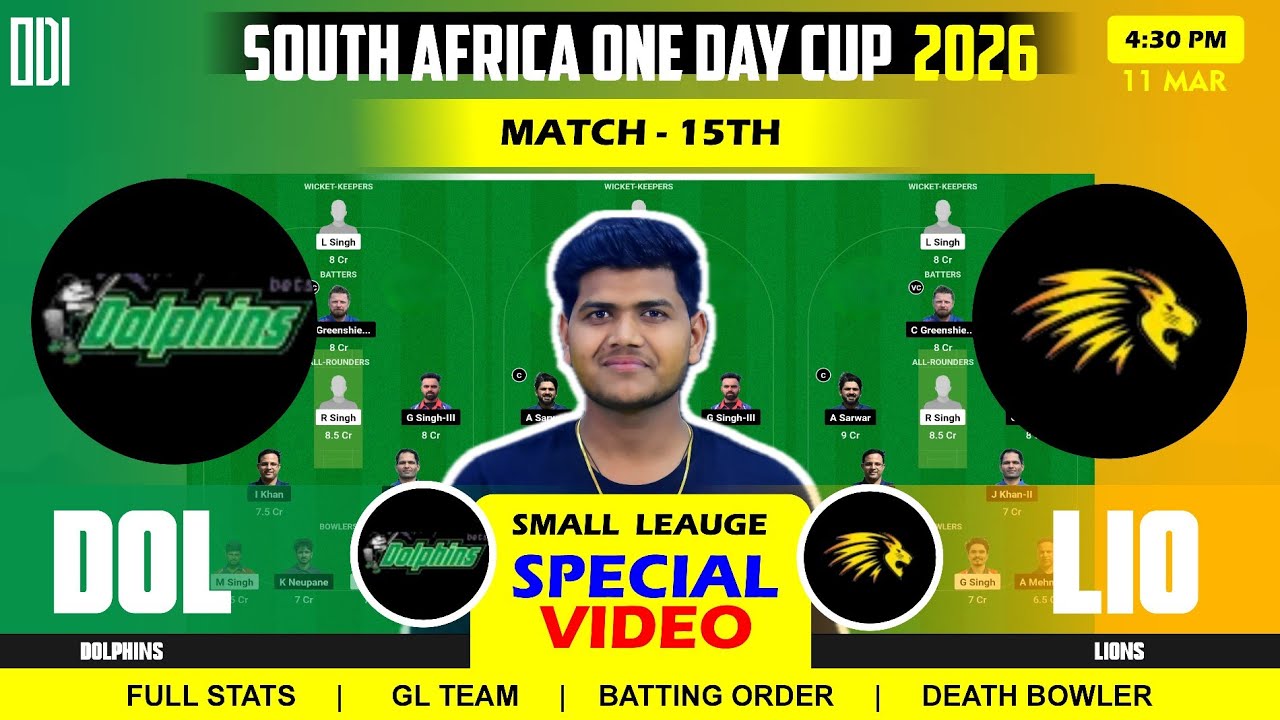 LIO vs DOL DREAM11 TEAM , LIO vs DOL Team , Lions vs Dolphins 15TH South Africa One Day Cup Match