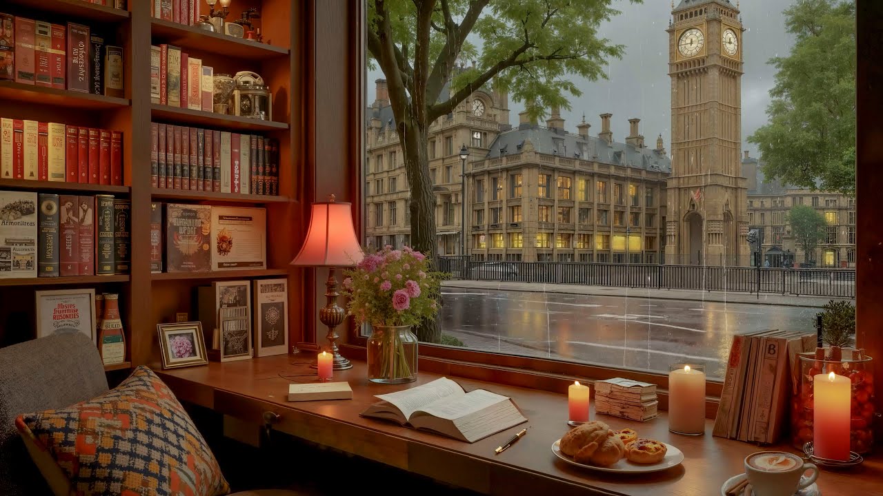 Beautiful Winter Jazz Café ❄️ Cozy Coffee Shop Ambience with Fireplace and Sound Rain for Relax