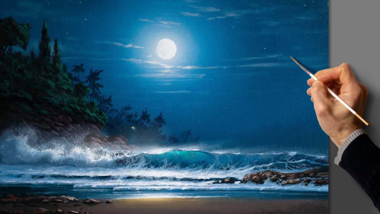 Аcrylic Seascape Painting - Night Sea / Easy Art / Морской пейзаж акрилом. Уроки рисования. Живопись