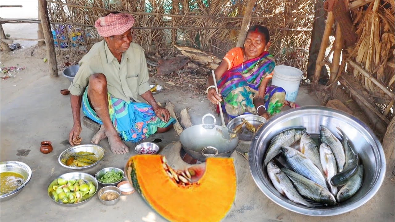 Small FISH CURRY and PUMPKIN DAL CURRY  cooking for lunch eating by santali tribe old couple