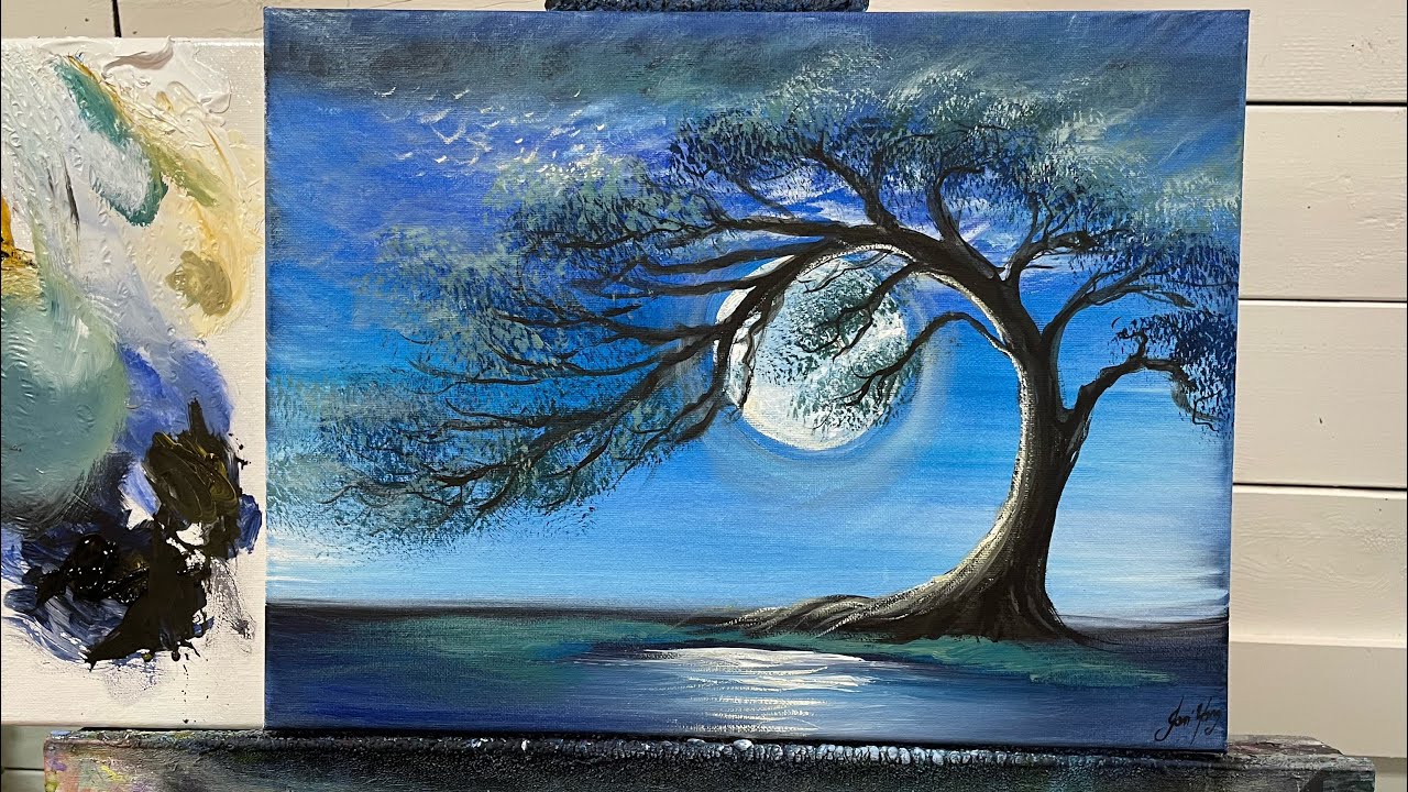 How To Paint Moonlight Over The Pond / Step By Step tutorial For Beginners ~ Acrylic