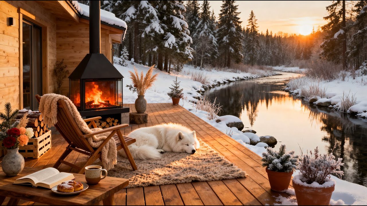 Outdoor Winter Porch Fireplace 🔥 Crackling Fire Sounds with Calm River Nature