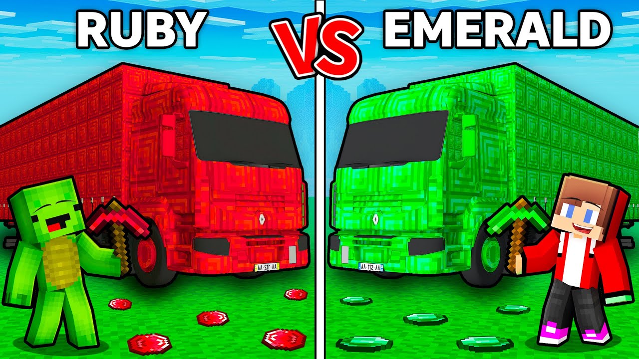 JJ and Mikey RUBY vs EMERALD Truck Battle in Minecraft ! - Maizen