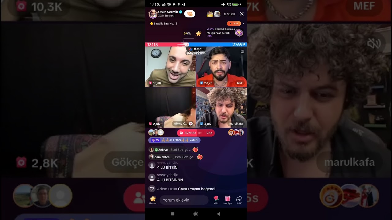 ONUR SERMİK MEF GÖKÇE MARUL KAFA TİKTOK CANLI YAYIN